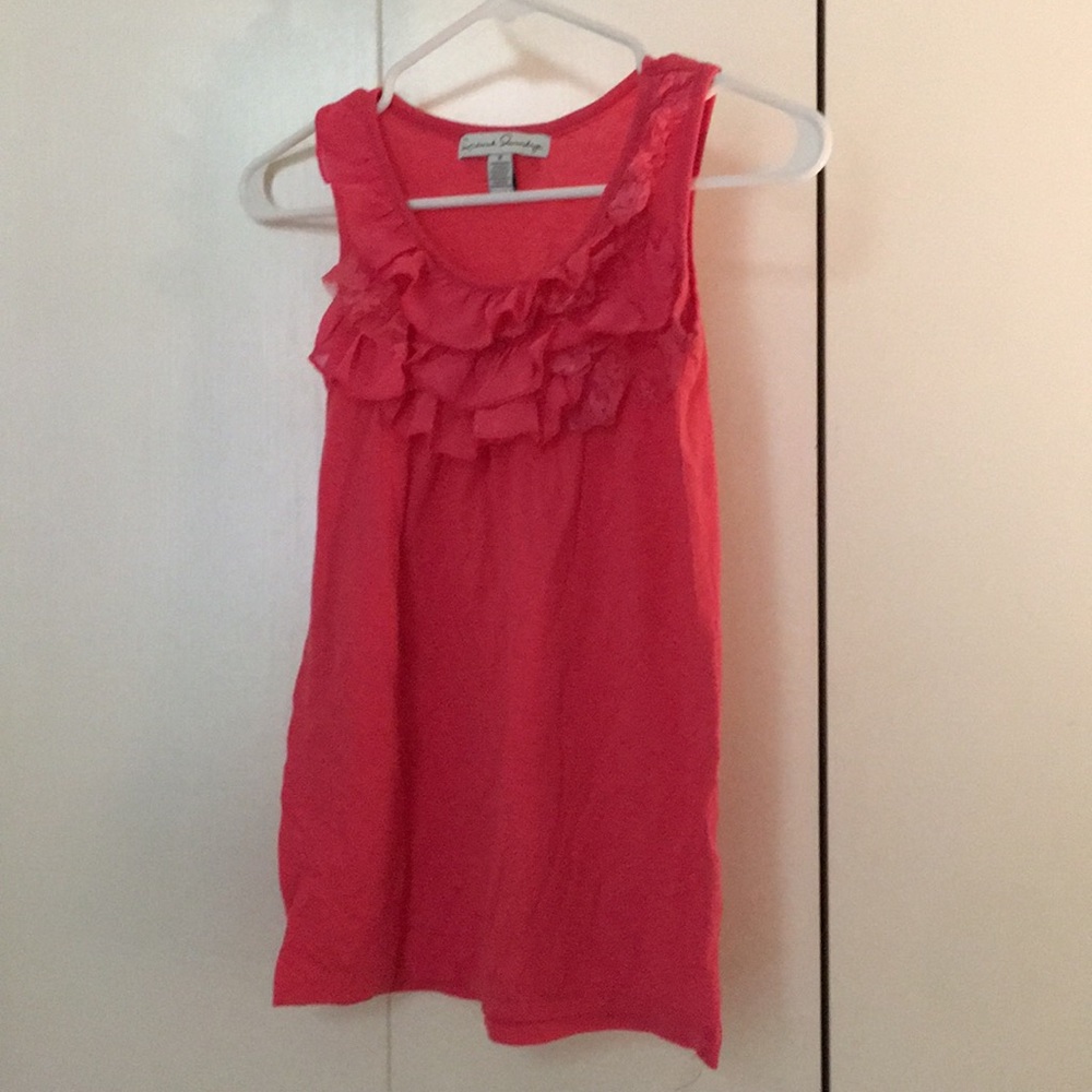 Coral tank with lace and ruffle accent